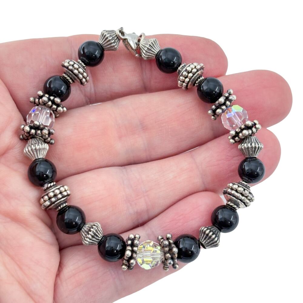 Vintage Sterling Silver 925 Onyx & Crystal Bracelet 8"